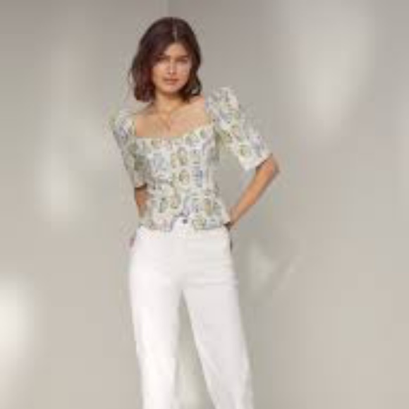 WILFRED Aritzia Linen Smocked Puff Sleeve FATALE Vase Print Blouse XS - Picture 5 of 7